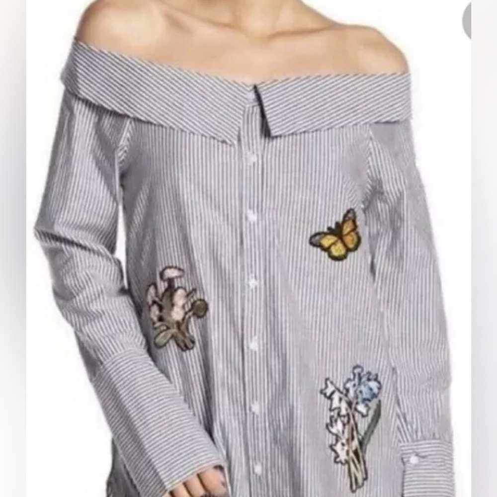 Romeo & Juliet Couture Shirt M Striped Button Down Butterfly Floral Embroidered - Picture 2 of 12